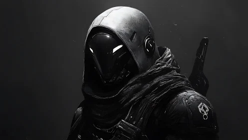 Midnight wanderer in sleek sci fi armor and quiet shadows.