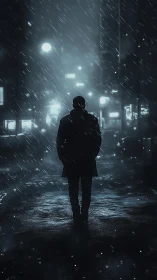 Solitary figure under neon rain in cinematic night street.