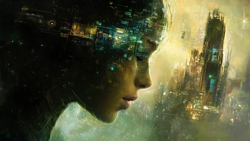 Cybernetic female profile fused with luminous megacity matrix