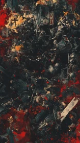 Crusader maelstrom swirling in rust, ash, and scarlet storm.