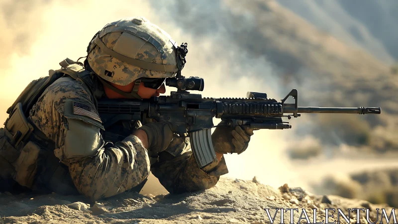 Calm focus of a soldier holding position in dusty terrain.
