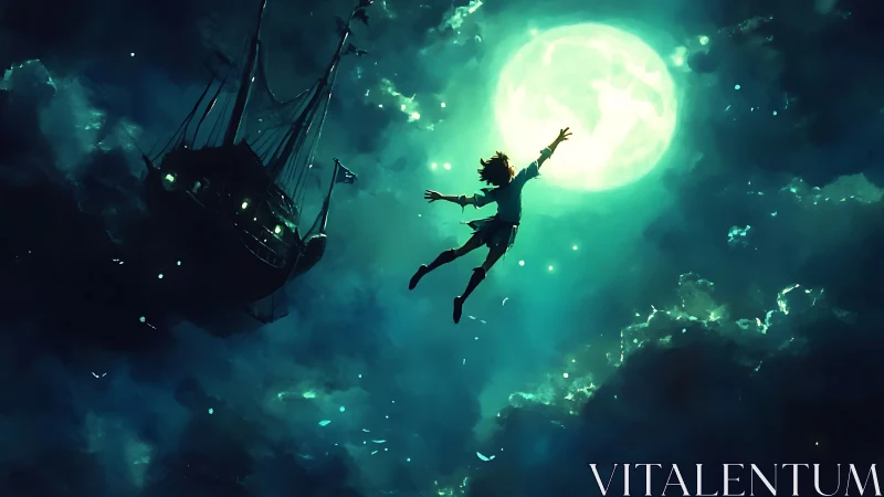 Silhouetted figure suspended before luminous full moon.