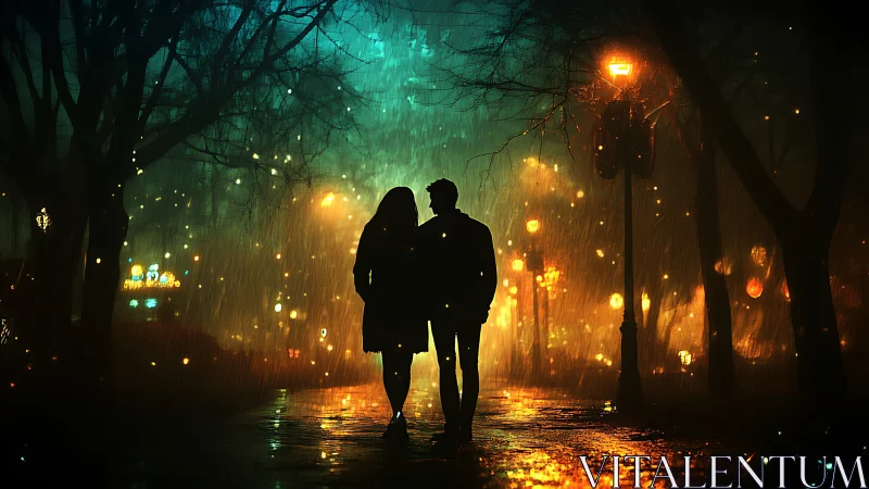 Silhouettes Walking Through Rain-Soaked Urban Night