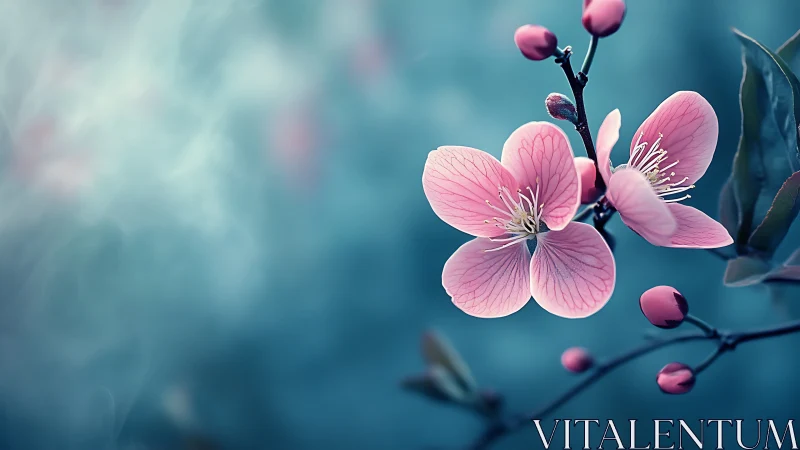 Pink blossom macro glows against cool teal bokeh haze.