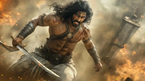 Battle-scarred warrior charging through blazing warzone.