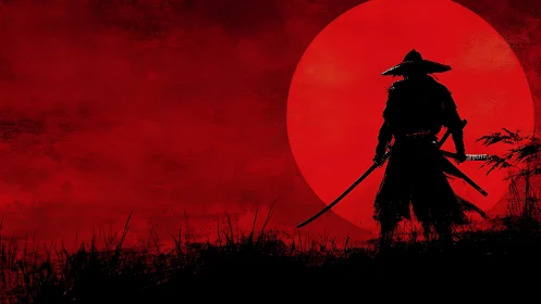 Lone ronin silences the horizon beneath a bleeding sun.