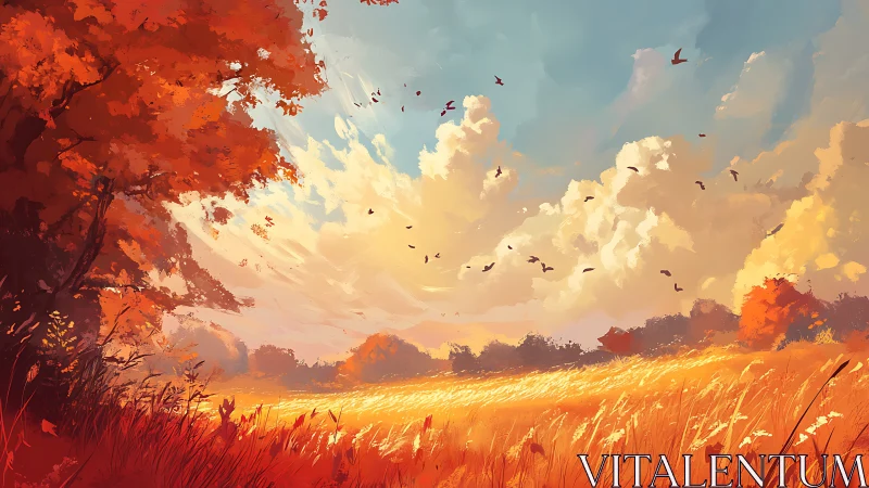 Golden autumn meadow under a soft, storybook sky.