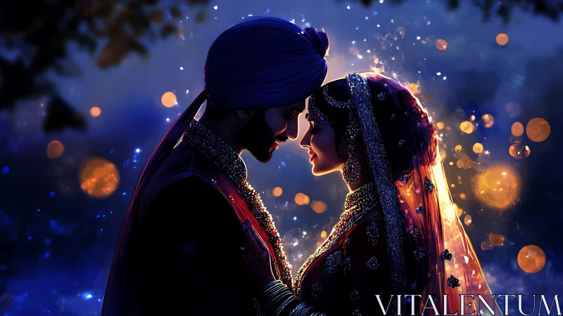 Indian wedding couple in traditional attire with mystical lighting.