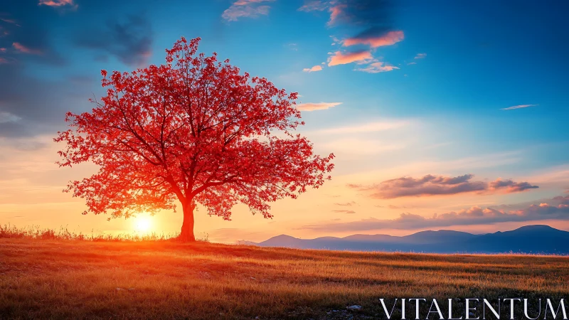 Solitary crimson tree drinking in a blazing horizon sunset.