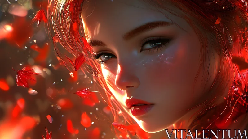 Hyperreal autumn portrait of red-haired girl with maple leaves