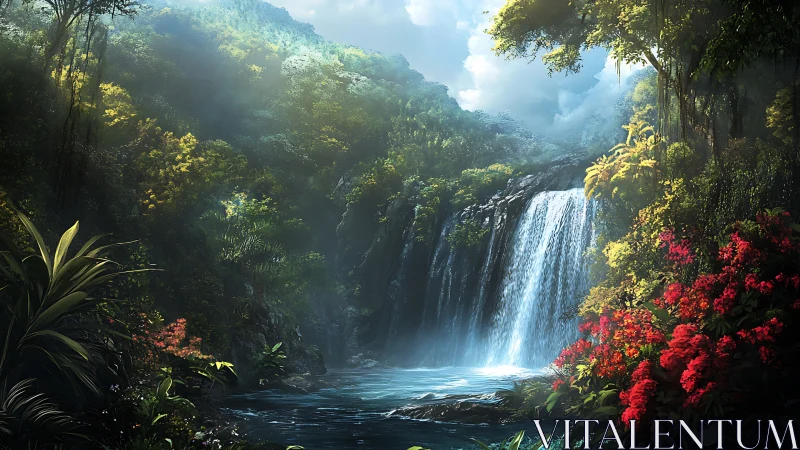 Emerald jungle waterfall dreaming in misty sapphire light.