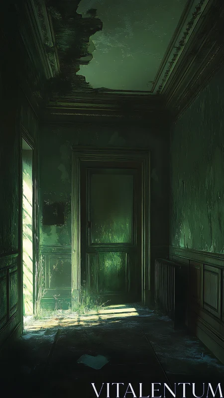 Soft green light drifts into a quiet, decaying hallway