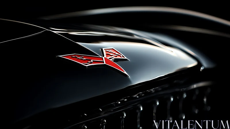 Gleaming red hood emblem on polished classic car surface.