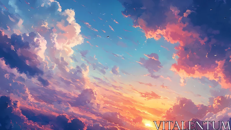Radiant sunset sky washes clouds in pastel light.