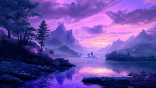 Violet fantasy mountains around calm reflective lake at dusk.