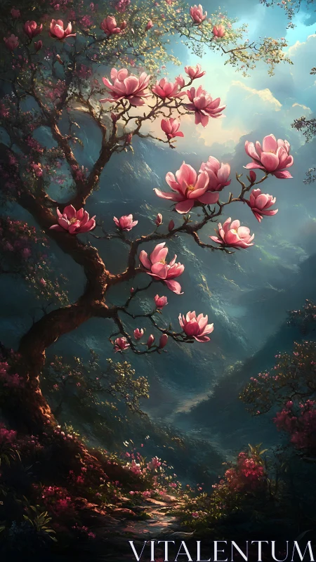 Magnolia tree in luminous valley with distant misted peaks.