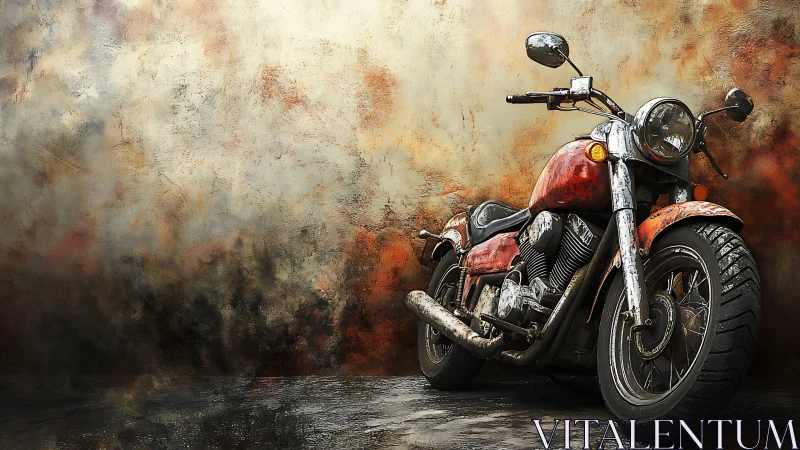 Weathered red cruiser motorcycle against textured grunge wall