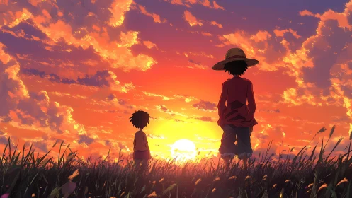 Sunset reunion of two boys in glowing anime grassland.