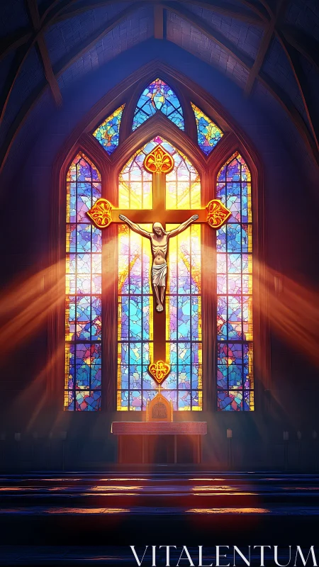 Sunlit stained glass chapel with glowing golden cross.