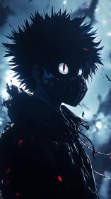 Shadowed masked hero stands under a storm of glowing embers