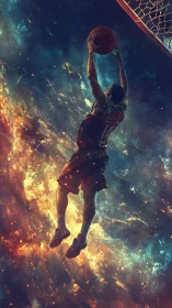 Cosmic-lit basketball dunk with dynamic nebula backlighting