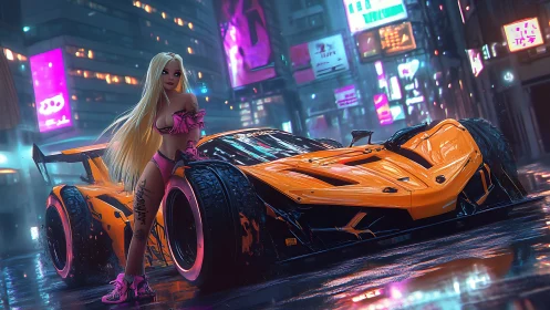 Neon-lit street with stylized woman and orange hypercar at night.