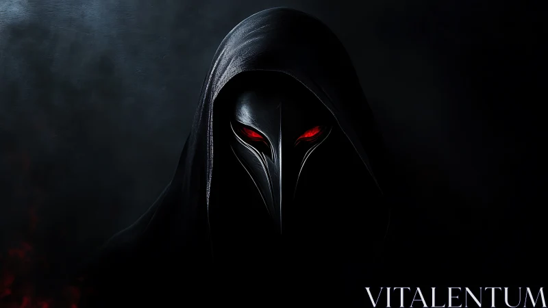 Mysterious hooded figure with glowing red eyes in shadow.
