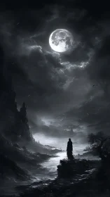 Solitary cloaked figure stands beneath full moon in ravine