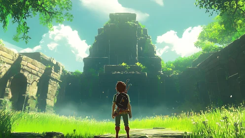 Young adventurer stands before overgrown stone temple ruins