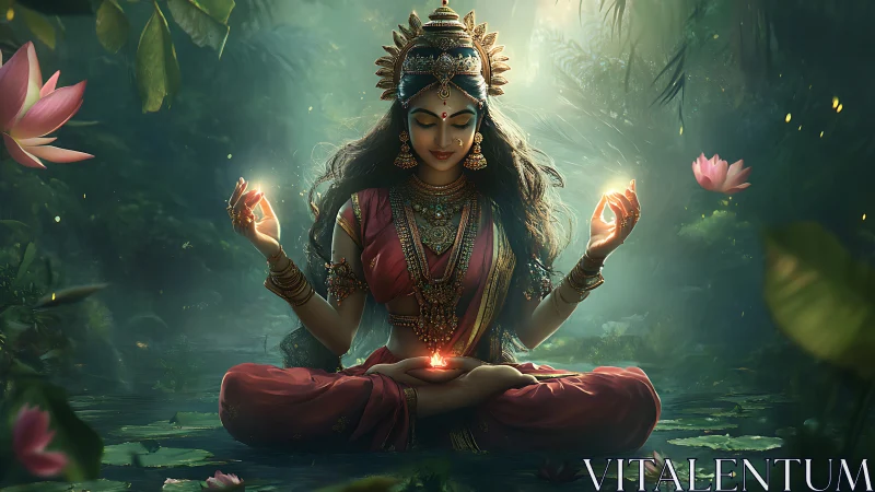 Seated robed woman in lotus pose with glowing orbs in forest.
