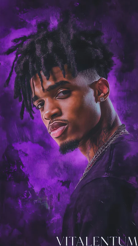 Digital painting portrait with neon violet atmospheric backdrop.