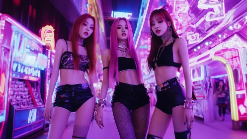 Neon night trio glowing with confident cyberpunk style.