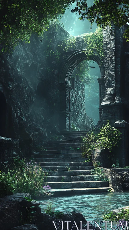 Hidden stone stairway into a tranquil emerald ruin.
