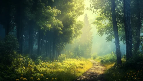 Backlighting Forest Path: Tall Trees, Luminous Canopy Gap, Yellow Wildflowers