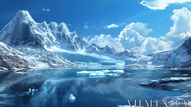 Glacial spires and mirror seas under crystalline polar sky.