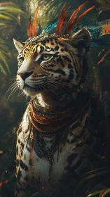 Regal jaguar shaman in feathered headdress, jungle chiaroscuro.