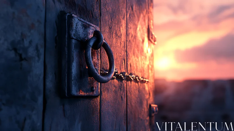 Metal door ring handle in low sun directional lighting.