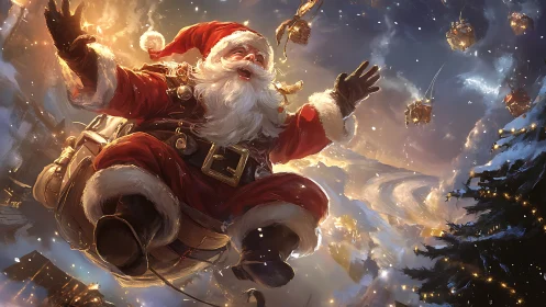 Santa soaring above snowy town with flying gifts at night.