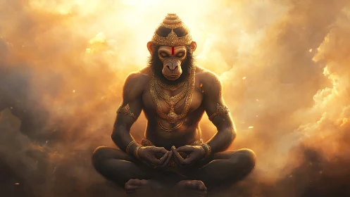 Divine warrior monkey meditating in radiant celestial light.