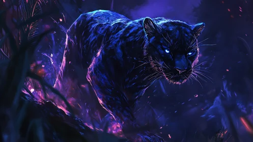 Neon Noir Black Panther: Volumetric Lighting with Cyan-Magenta Chromatic.