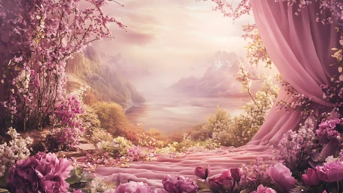 Bloom-framed lake vista under rose dawn drapery curtain.