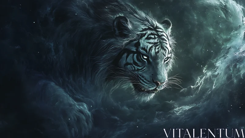 Mythic white tiger emerges from swirling cosmic storm