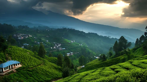 Mountain tea terraces under stormy sunset sky glow