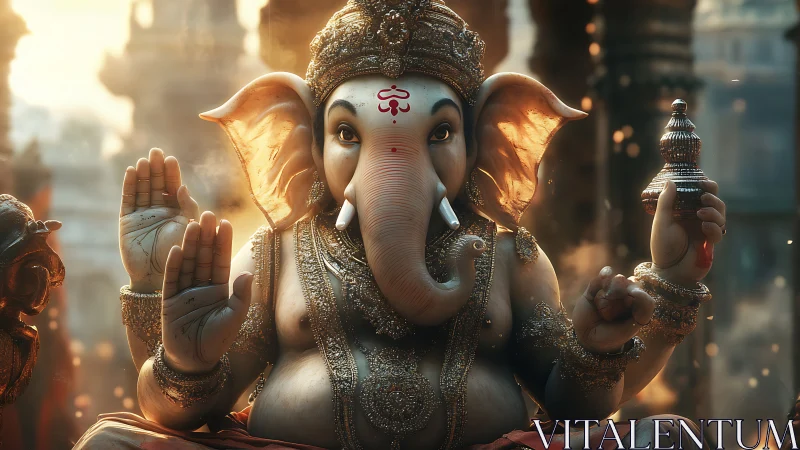 Highly detailed 3D rendering of ornate seated Ganesha idol