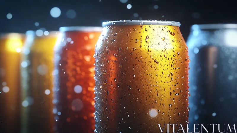 Chilled soda cans with condensation under studio lights.