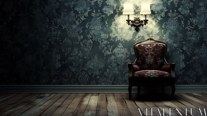 Vintage armchair under ornate wall sconce in moody light.