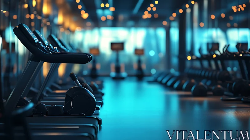 Quiet blue-hour gym with glowing treadmills and calm focus.