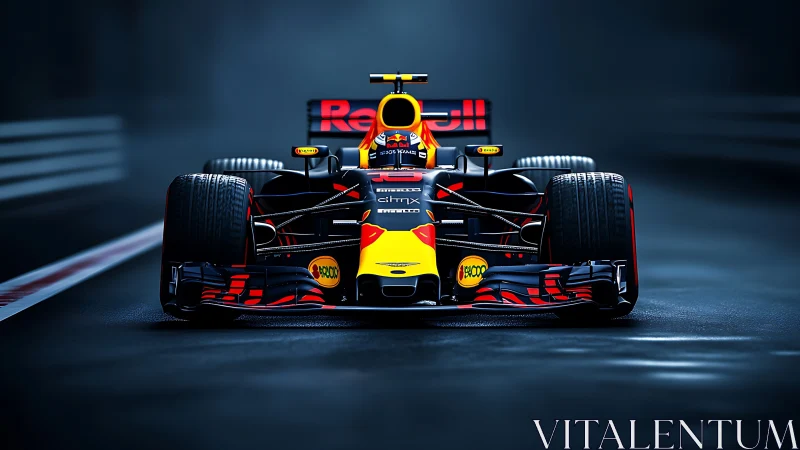 Formula race car charges through a moody rain-soaked circuit