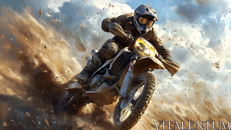 Motocross rider powers through flying dirt on track.