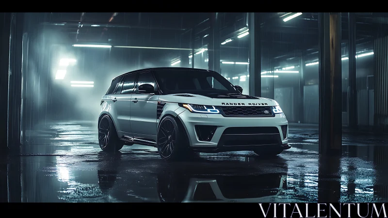 Midnight SUV poised in neon-lit rain-soaked warehouse.